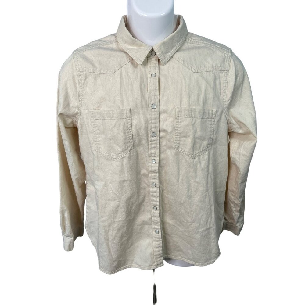 LOFT Women's Button Down Shirt Size M Beige Western Style Blouse‎ Long Sleeve